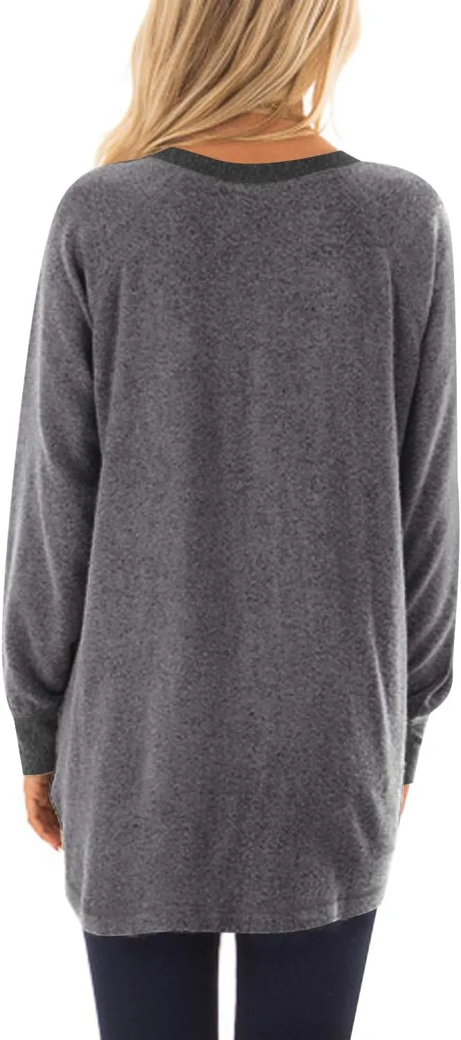 Womens Casual Color Block Long Sleeve Round Neck Pocket T Shirts Blouses Sweatshirts Tops