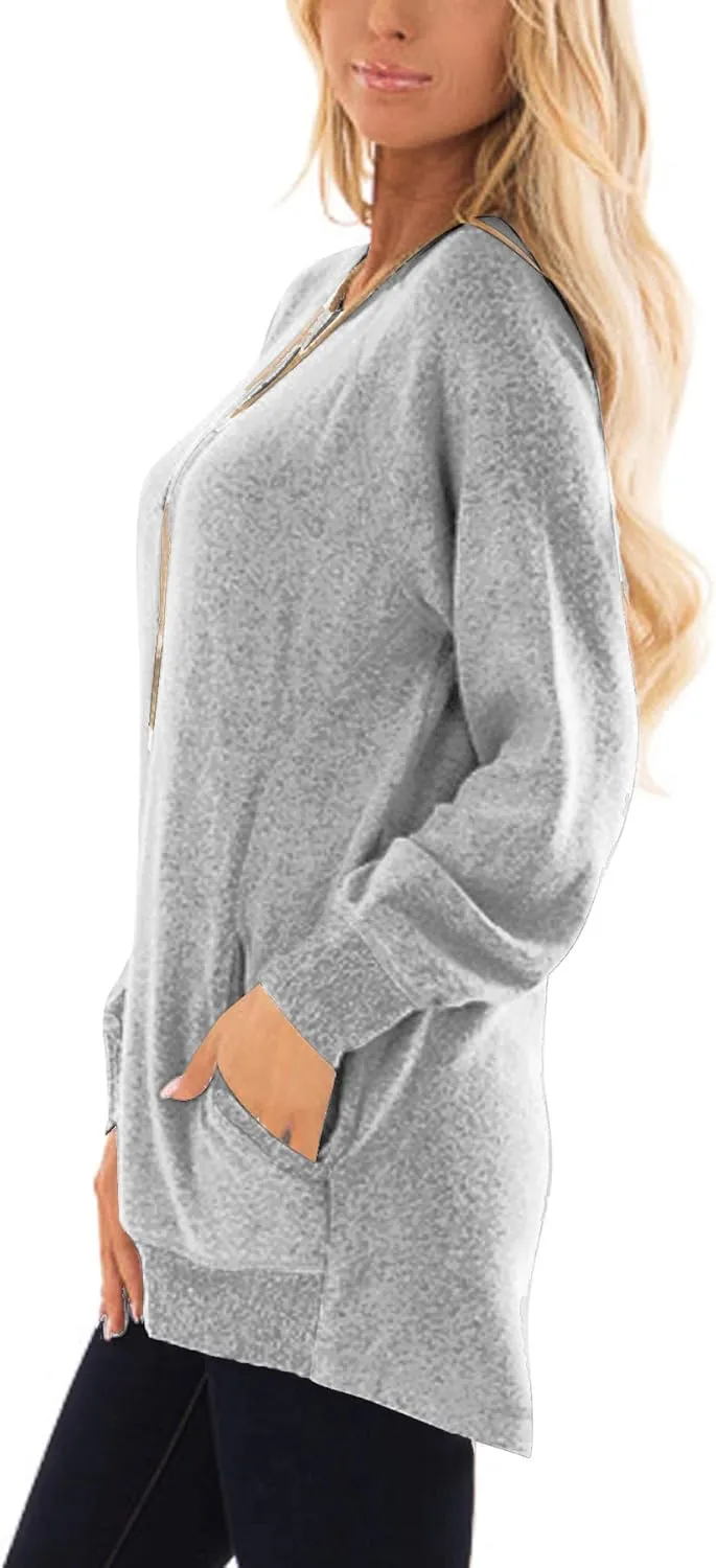 Womens Casual Color Block Long Sleeve Round Neck Pocket T Shirts Blouses Sweatshirts Tops