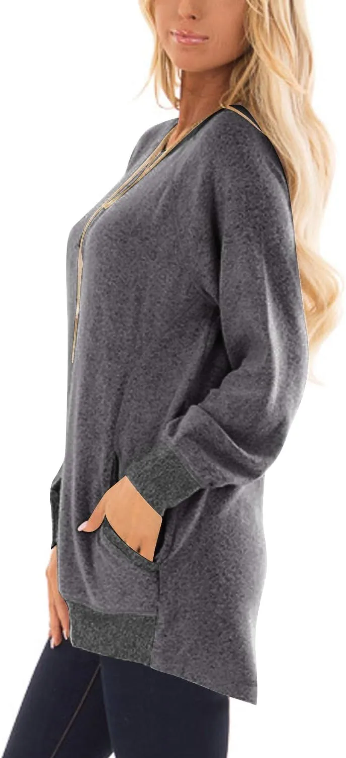 Womens Casual Color Block Long Sleeve Round Neck Pocket T Shirts Blouses Sweatshirts Tops