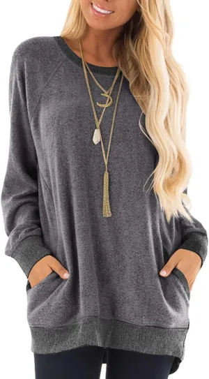 Womens Casual Color Block Long Sleeve Round Neck Pocket T Shirts Blouses Sweatshirts Tops