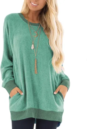 Womens Casual Color Block Long Sleeve Round Neck Pocket T Shirts Blouses Sweatshirts Tops
