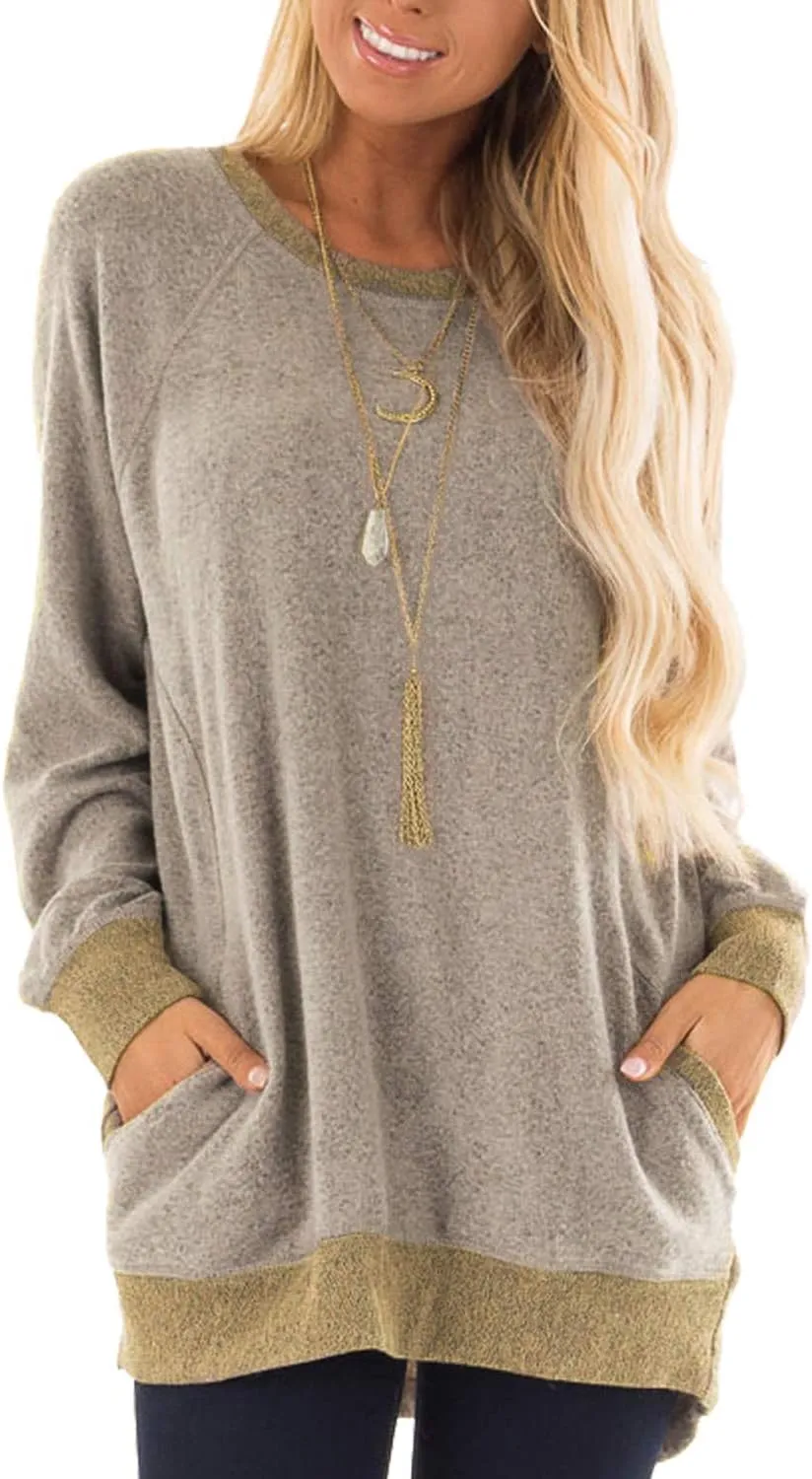 Womens Casual Color Block Long Sleeve Round Neck Pocket T Shirts Blouses Sweatshirts Tops