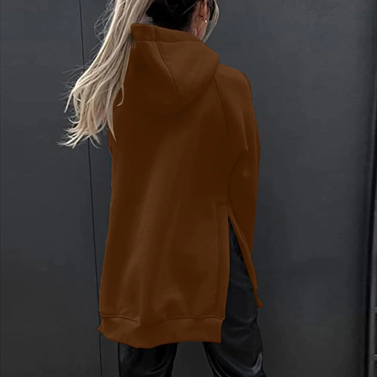 Women's Casual Long Hoodies Oversized Thick Fleece Solid Color Hooded Sweatshirt Pullover Side Split High Low Hem Tops