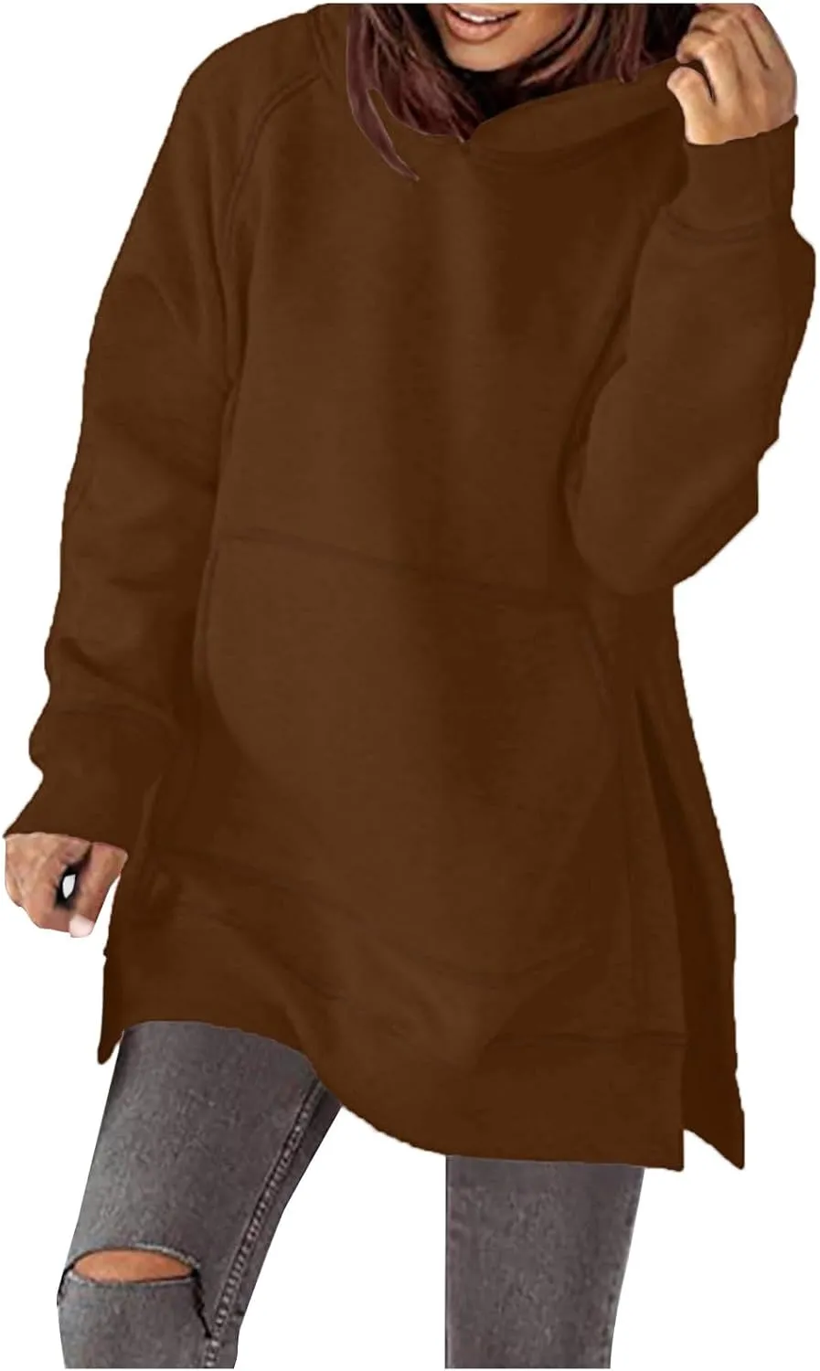 Women's Casual Long Hoodies Oversized Thick Fleece Solid Color Hooded Sweatshirt Pullover Side Split High Low Hem Tops
