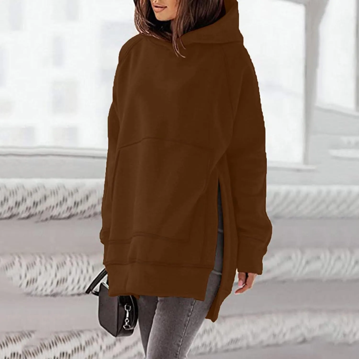 Women's Casual Long Hoodies Oversized Thick Fleece Solid Color Hooded Sweatshirt Pullover Side Split High Low Hem Tops