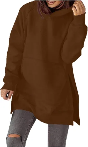 Women's Casual Long Hoodies Oversized Thick Fleece Solid Color Hooded Sweatshirt Pullover Side Split High Low Hem Tops