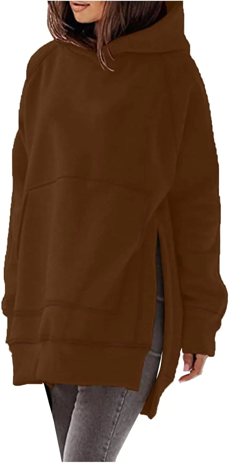 Women's Casual Long Hoodies Oversized Thick Fleece Solid Color Hooded Sweatshirt Pullover Side Split High Low Hem Tops