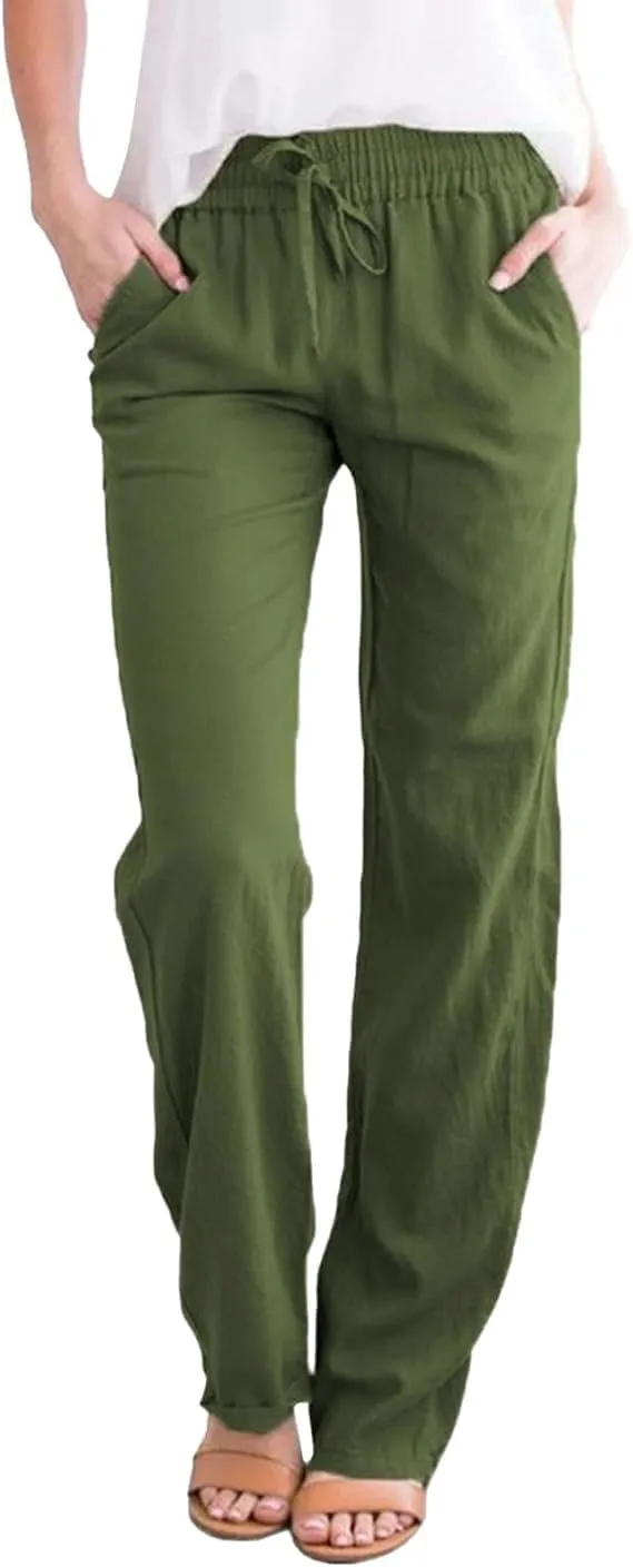 Women's Cotton and Linen Drawstring Trousers Casual High-Waisted Straight Leg Lounge Long Pants Relax Comfy Pant