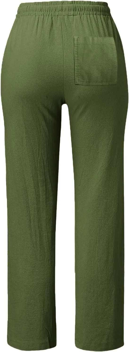 Women's Cotton and Linen Drawstring Trousers Casual High-Waisted Straight Leg Lounge Long Pants Relax Comfy Pant