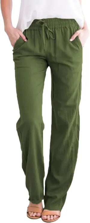 Women's Cotton and Linen Drawstring Trousers Casual High-Waisted Straight Leg Lounge Long Pants Relax Comfy Pant