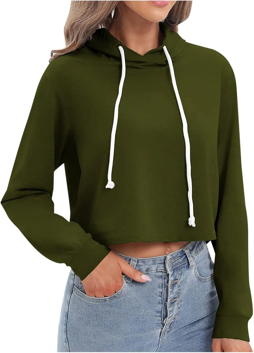 Women's Cropped Hoodies Long Sleeves Fleece Crop Top Sweatshirt with Hooded Drawstring Casual Plain Pullover Blouse