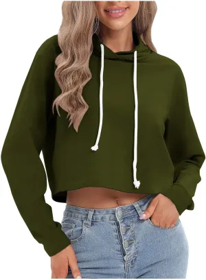 Women's Cropped Hoodies Long Sleeves Fleece Crop Top Sweatshirt with Hooded Drawstring Casual Plain Pullover Blouse