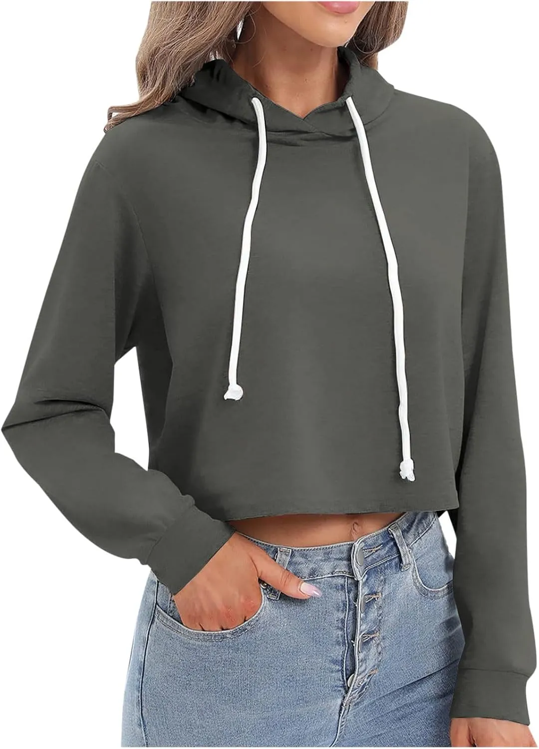 Women's Cropped Hoodies Long Sleeves Fleece Crop Top Sweatshirt with Hooded Drawstring Casual Plain Pullover Blouse