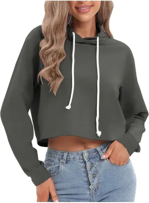 Women's Cropped Hoodies Long Sleeves Fleece Crop Top Sweatshirt with Hooded Drawstring Casual Plain Pullover Blouse