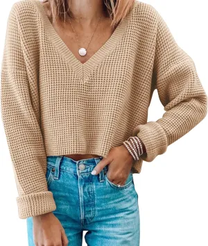 Women's Cropped Sweaters V Neck Long Sleeve Waffle Knit Pullover Sweaters