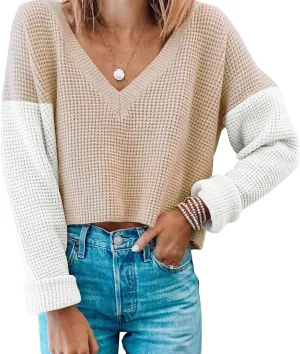 Women's Cropped Sweaters V Neck Long Sleeve Waffle Knit Pullover Sweaters