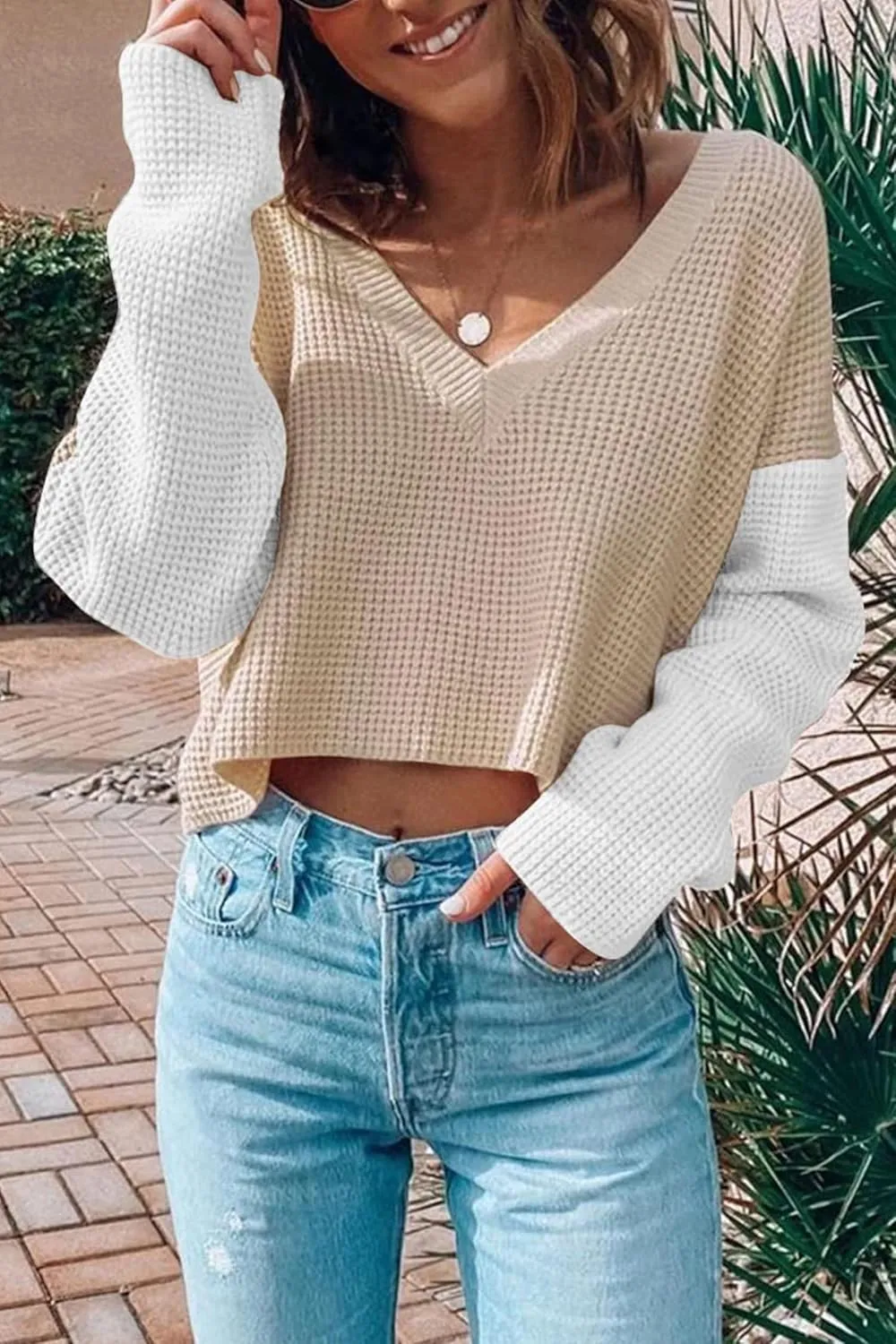 Women's Cropped Sweaters V Neck Long Sleeve Waffle Knit Pullover Sweaters