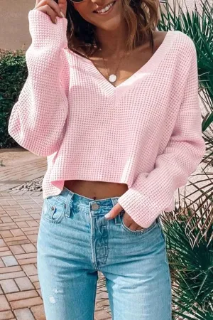 Women's Cropped Sweaters V Neck Long Sleeve Waffle Knit Pullover Sweaters