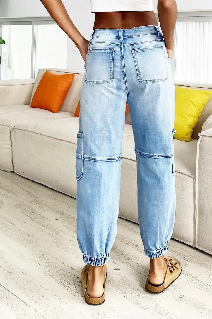 Women's Distressed Mid-Rise Cargo Pockets Boyfriend Jeans with 6 Pockets Jogger Pants