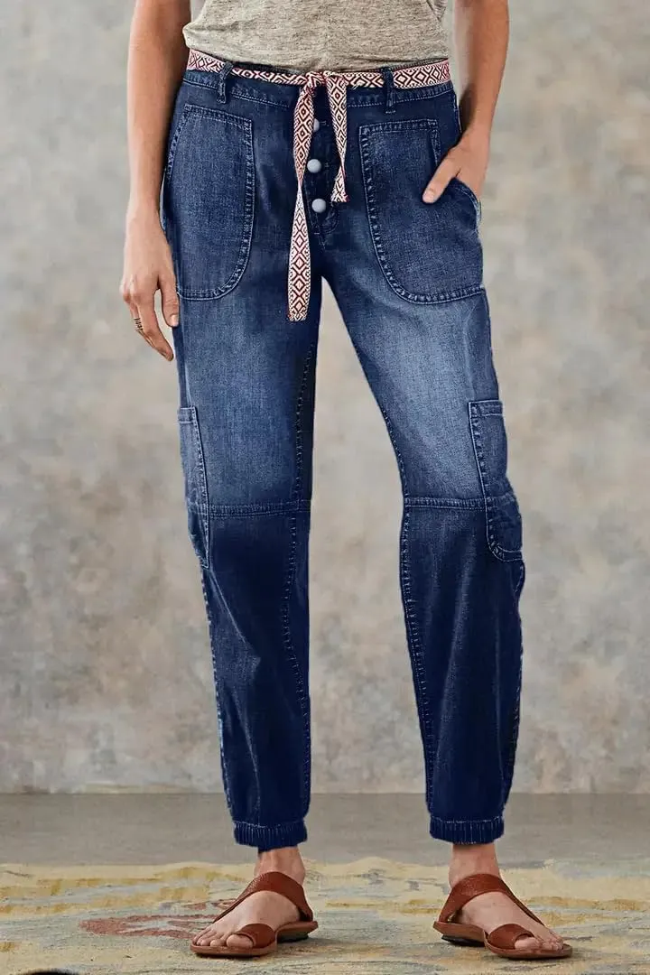 Women's Distressed Mid-Rise Cargo Pockets Boyfriend Jeans with 6 Pockets Jogger Pants