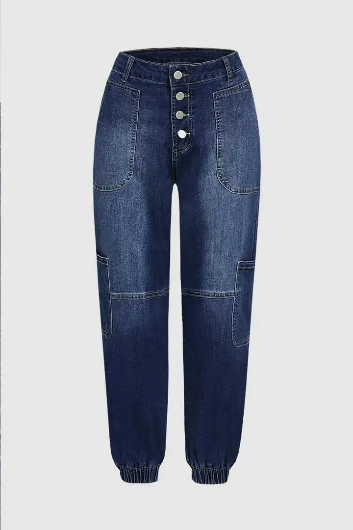 Women's Distressed Mid-Rise Cargo Pockets Boyfriend Jeans with 6 Pockets Jogger Pants