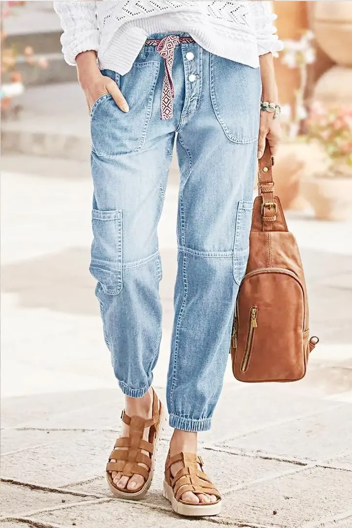 Women's Distressed Mid-Rise Cargo Pockets Boyfriend Jeans with 6 Pockets Jogger Pants
