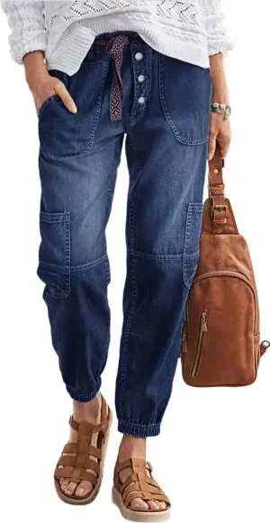 Women's Distressed Mid-Rise Cargo Pockets Boyfriend Jeans with 6 Pockets Jogger Pants