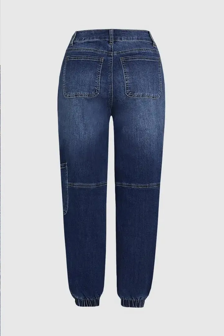 Women's Distressed Mid-Rise Cargo Pockets Boyfriend Jeans with 6 Pockets Jogger Pants