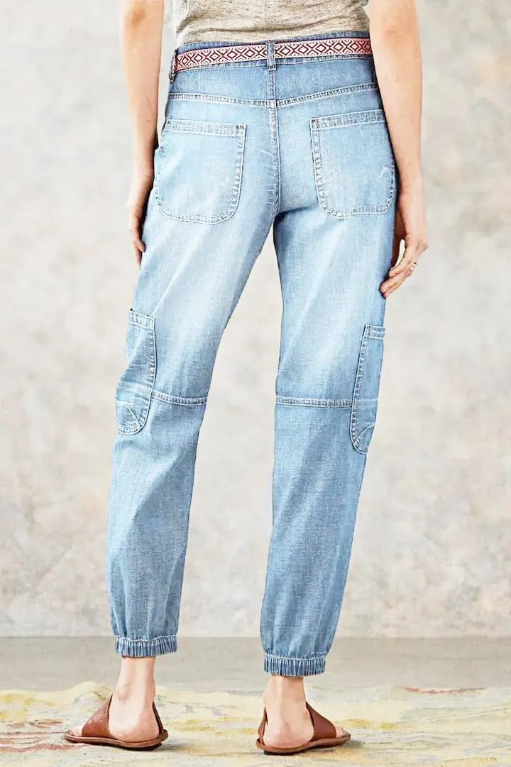 Women's Distressed Mid-Rise Cargo Pockets Boyfriend Jeans with 6 Pockets Jogger Pants