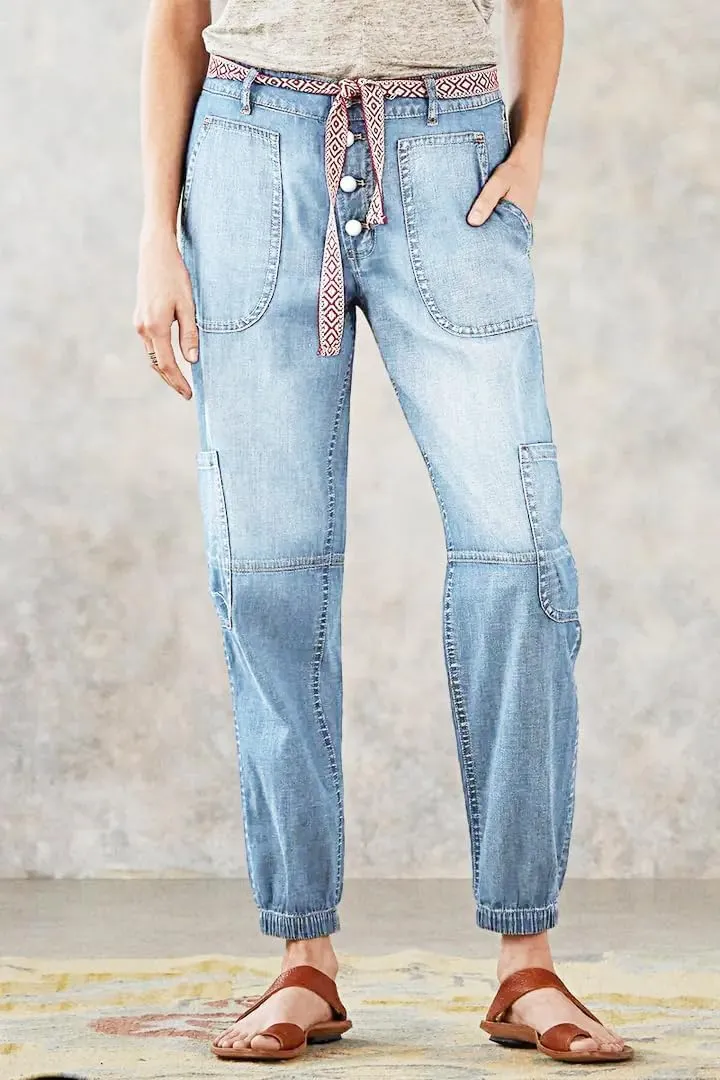 Women's Distressed Mid-Rise Cargo Pockets Boyfriend Jeans with 6 Pockets Jogger Pants