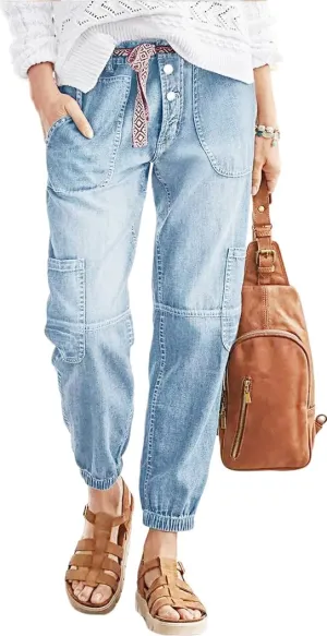 Women's Distressed Mid-Rise Cargo Pockets Boyfriend Jeans with 6 Pockets Jogger Pants