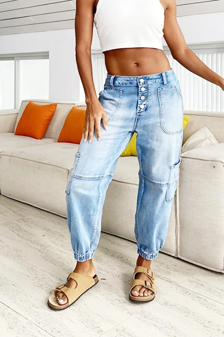 Women's Distressed Mid-Rise Cargo Pockets Boyfriend Jeans with 6 Pockets Jogger Pants