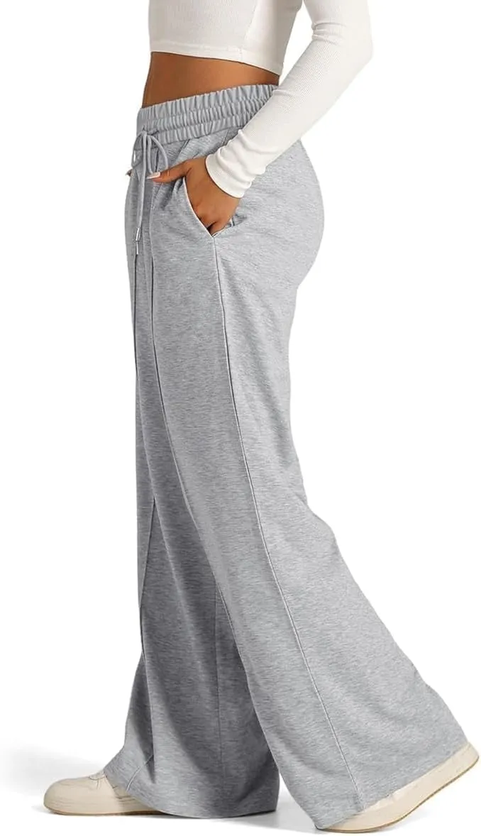 Womens Drawstring High Waist Sweatpants Fashion Wide-Leg Casual Trousers Elastic Joggers Lounge Pants with Pocket