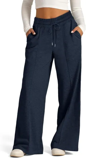 Womens Drawstring High Waist Sweatpants Fashion Wide-Leg Casual Trousers Elastic Joggers Lounge Pants with Pocket