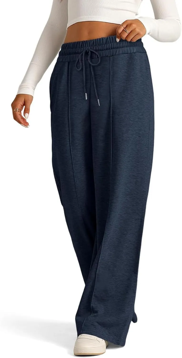 Womens Drawstring High Waist Sweatpants Fashion Wide-Leg Casual Trousers Elastic Joggers Lounge Pants with Pocket