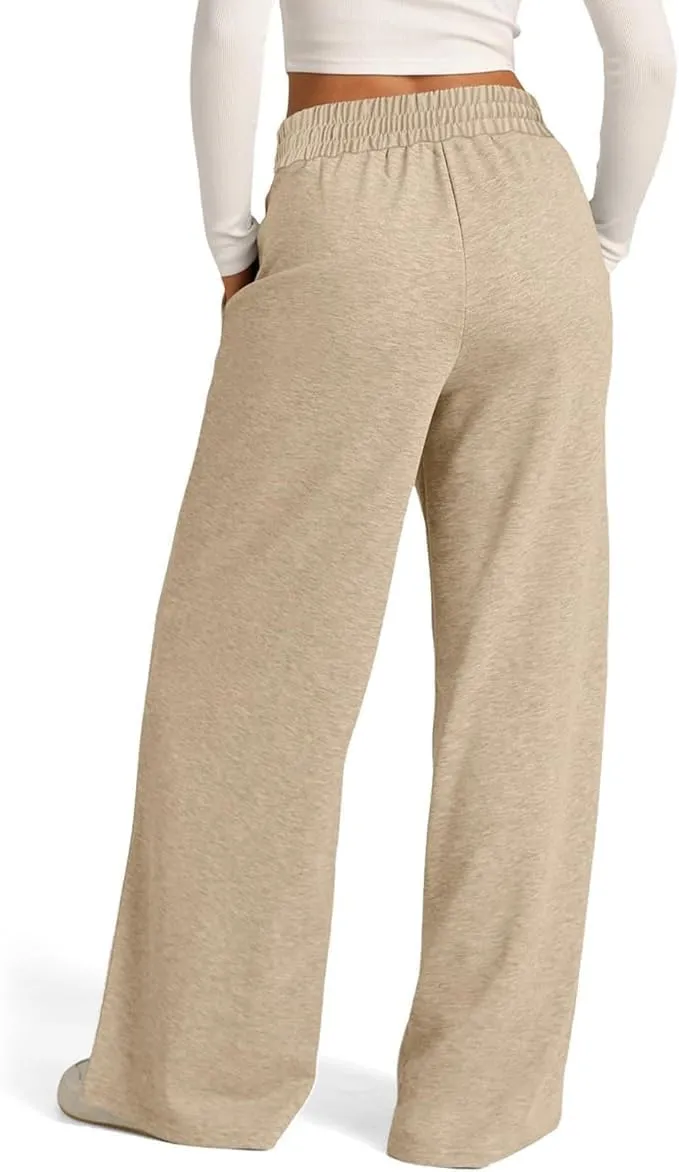 Womens Drawstring High Waist Sweatpants Fashion Wide-Leg Casual Trousers Elastic Joggers Lounge Pants with Pocket