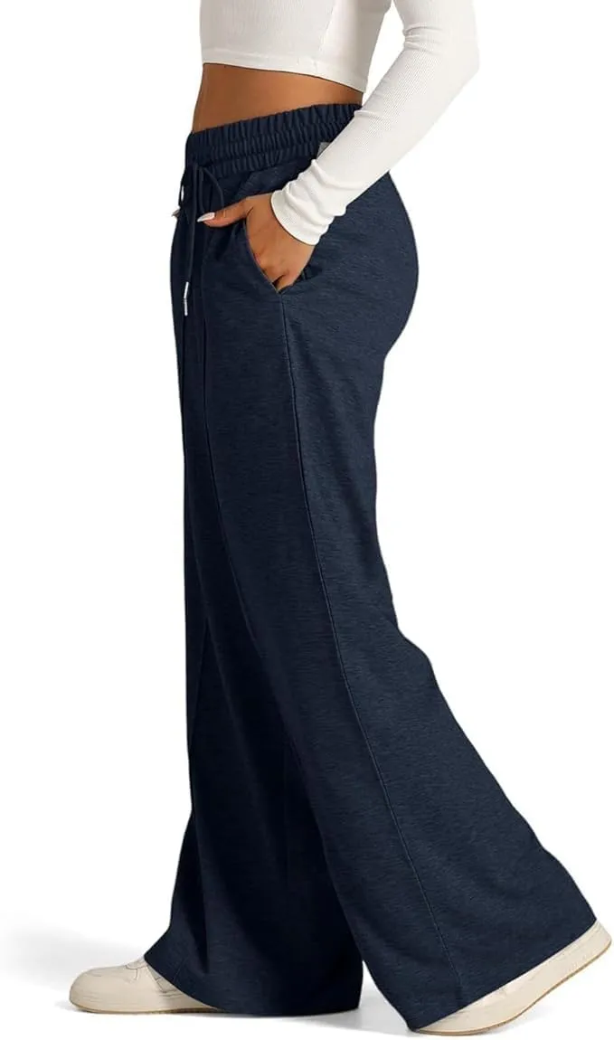Womens Drawstring High Waist Sweatpants Fashion Wide-Leg Casual Trousers Elastic Joggers Lounge Pants with Pocket