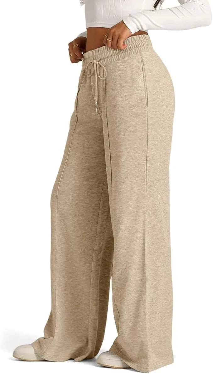 Womens Drawstring High Waist Sweatpants Fashion Wide-Leg Casual Trousers Elastic Joggers Lounge Pants with Pocket