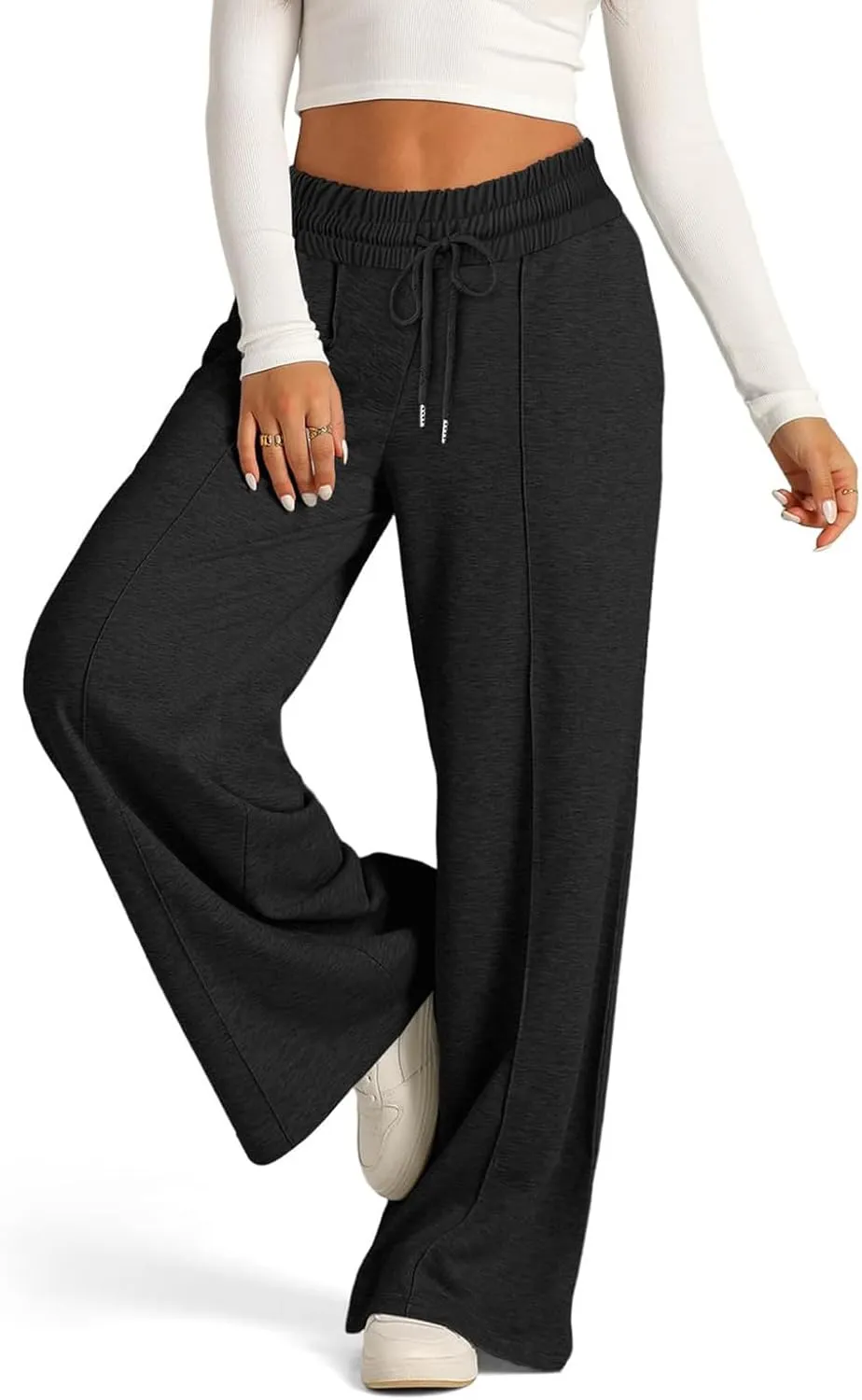Womens Drawstring High Waist Sweatpants Fashion Wide-Leg Casual Trousers Elastic Joggers Lounge Pants with Pocket