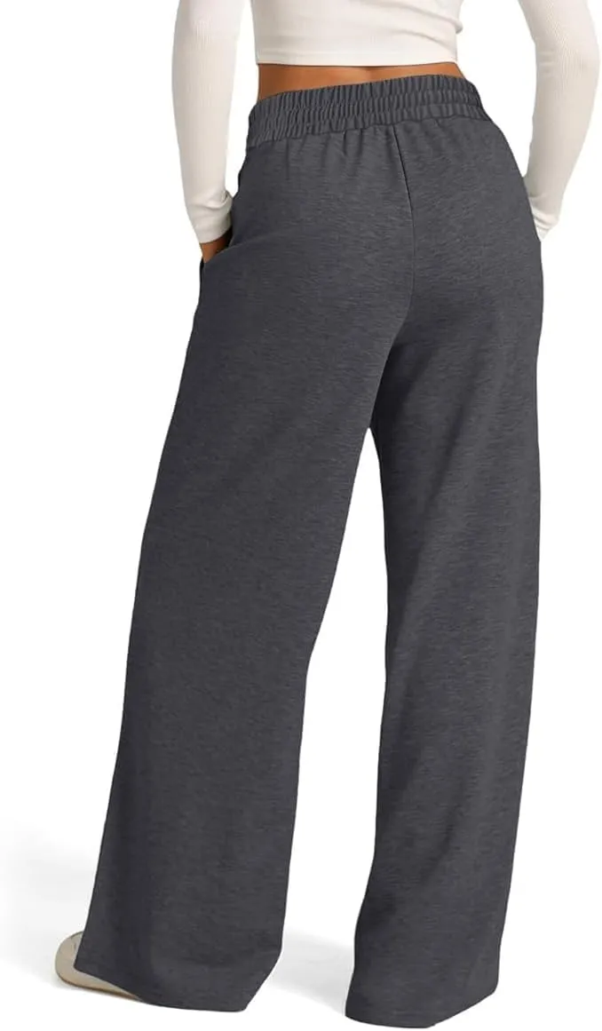 Womens Drawstring High Waist Sweatpants Fashion Wide-Leg Casual Trousers Elastic Joggers Lounge Pants with Pocket