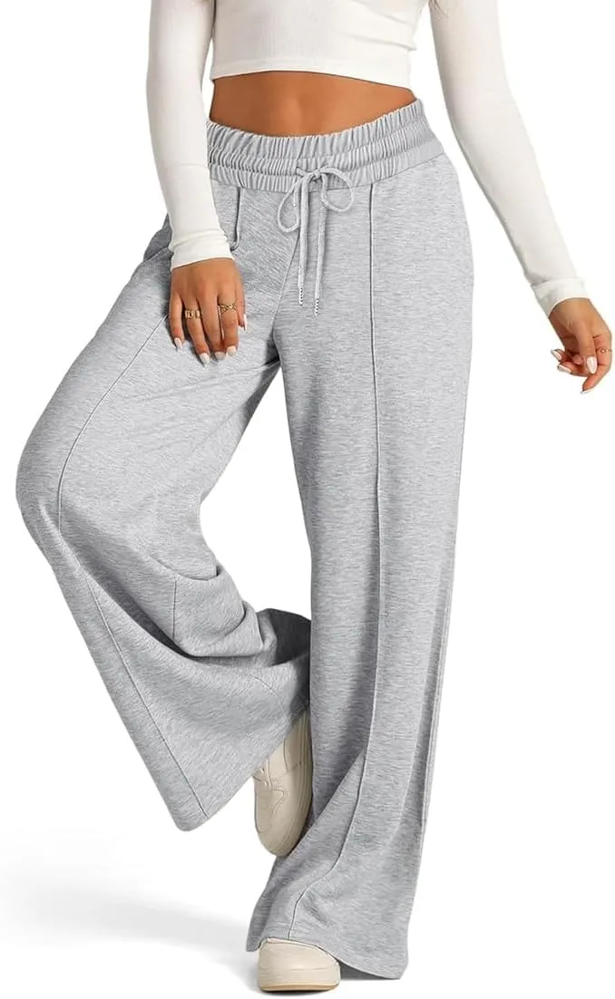 Womens Drawstring High Waist Sweatpants Fashion Wide-Leg Casual Trousers Elastic Joggers Lounge Pants with Pocket