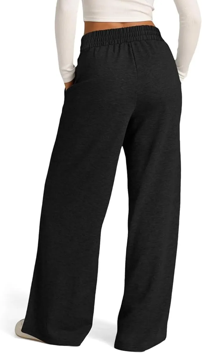 Womens Drawstring High Waist Sweatpants Fashion Wide-Leg Casual Trousers Elastic Joggers Lounge Pants with Pocket