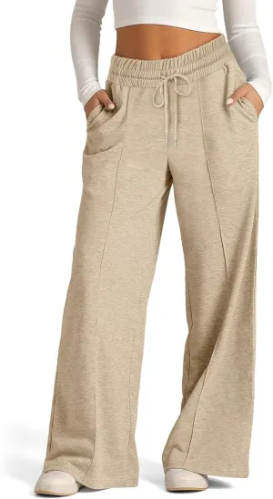 Womens Drawstring High Waist Sweatpants Fashion Wide-Leg Casual Trousers Elastic Joggers Lounge Pants with Pocket