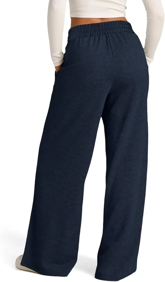 Womens Drawstring High Waist Sweatpants Fashion Wide-Leg Casual Trousers Elastic Joggers Lounge Pants with Pocket