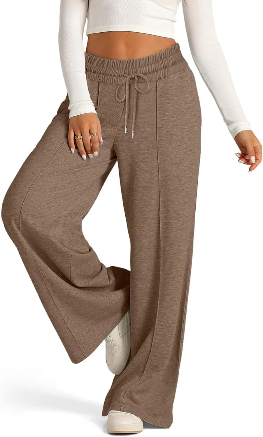 Womens Drawstring High Waist Sweatpants Fashion Wide-Leg Casual Trousers Elastic Joggers Lounge Pants with Pocket
