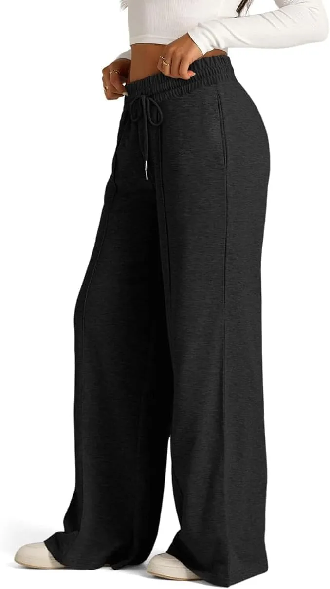 Womens Drawstring High Waist Sweatpants Fashion Wide-Leg Casual Trousers Elastic Joggers Lounge Pants with Pocket