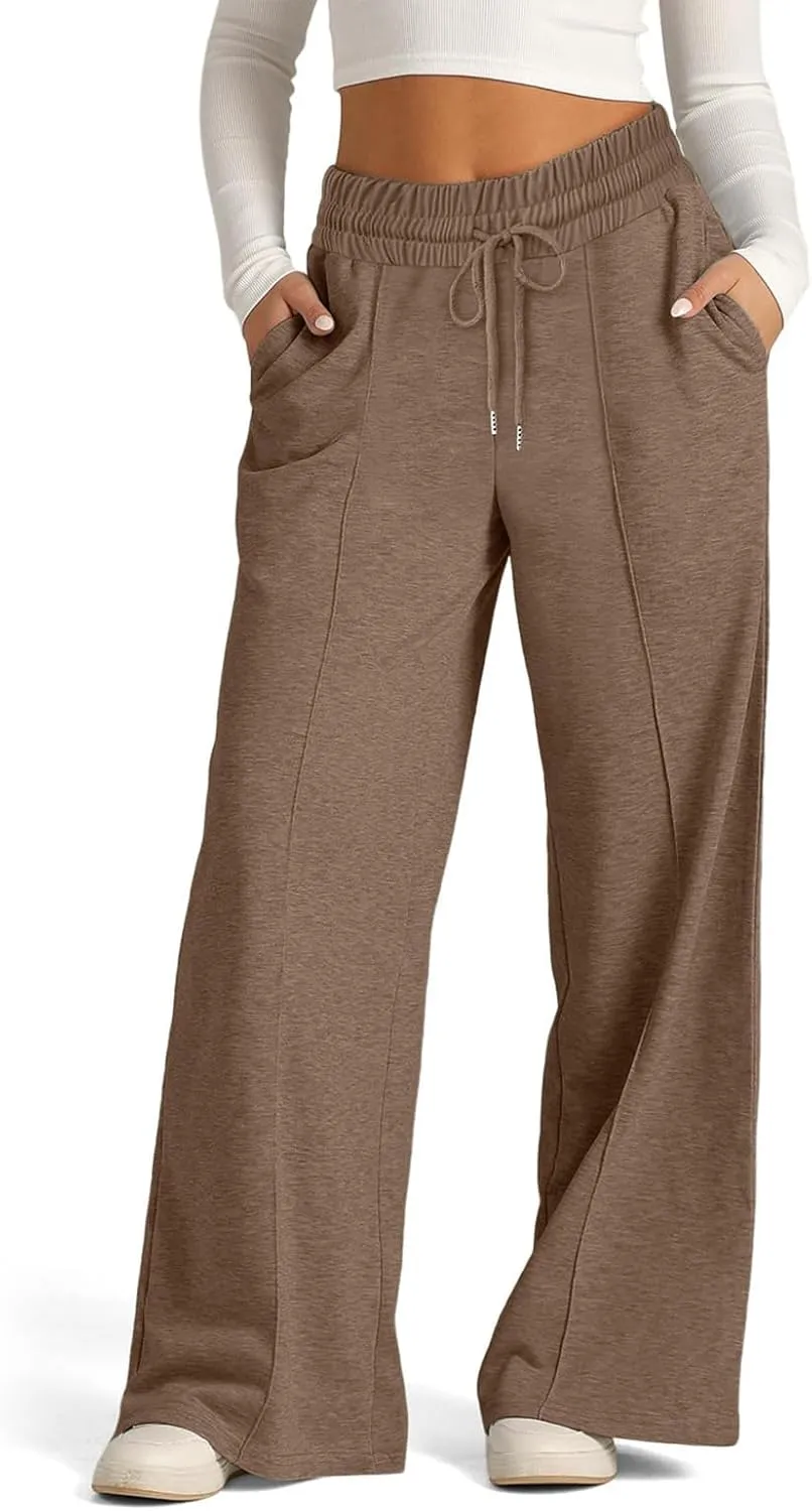 Womens Drawstring High Waist Sweatpants Fashion Wide-Leg Casual Trousers Elastic Joggers Lounge Pants with Pocket