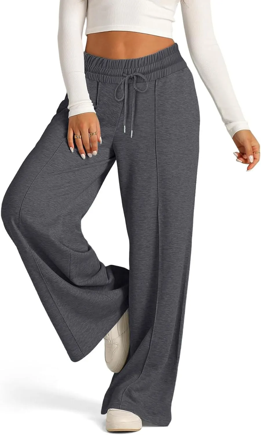Womens Drawstring High Waist Sweatpants Fashion Wide-Leg Casual Trousers Elastic Joggers Lounge Pants with Pocket