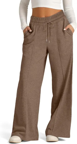 Womens Drawstring High Waist Sweatpants Fashion Wide-Leg Casual Trousers Elastic Joggers Lounge Pants with Pocket