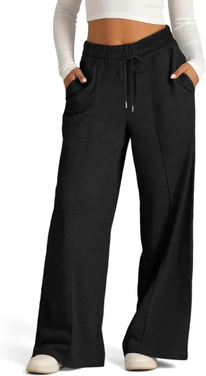 Womens Drawstring High Waist Sweatpants Fashion Wide-Leg Casual Trousers Elastic Joggers Lounge Pants with Pocket